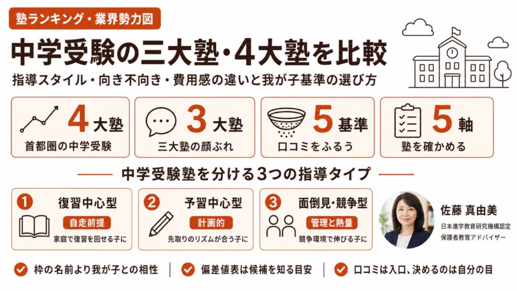 中学受験の三大塾・4大塾の違いを整理した比較インフォグラフィック｜5基準×5軸で我が子基準に選ぶ視点を保護者教育アドバイザー・佐藤 真由美が解説