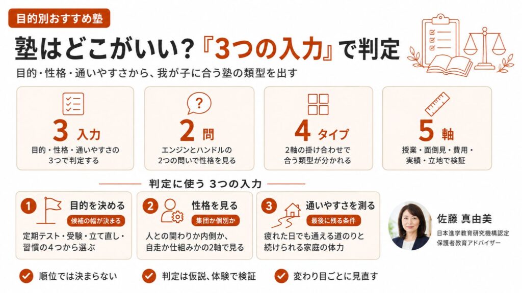 塾はどこがいいかを目的・性格・通いやすさの3入力から判定するインフォグラフィック｜性格の2軸4タイプと5軸の検証を保護者教育アドバイザー・佐藤 真由美が解説