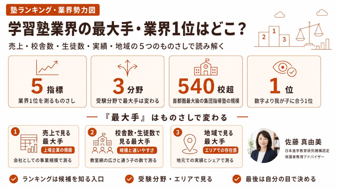 学習塾業界の最大手・業界1位を5つのものさしで整理した比較インフォグラフィック｜順位の読み解き方を保護者教育アドバイザー・佐藤 真由美が解説