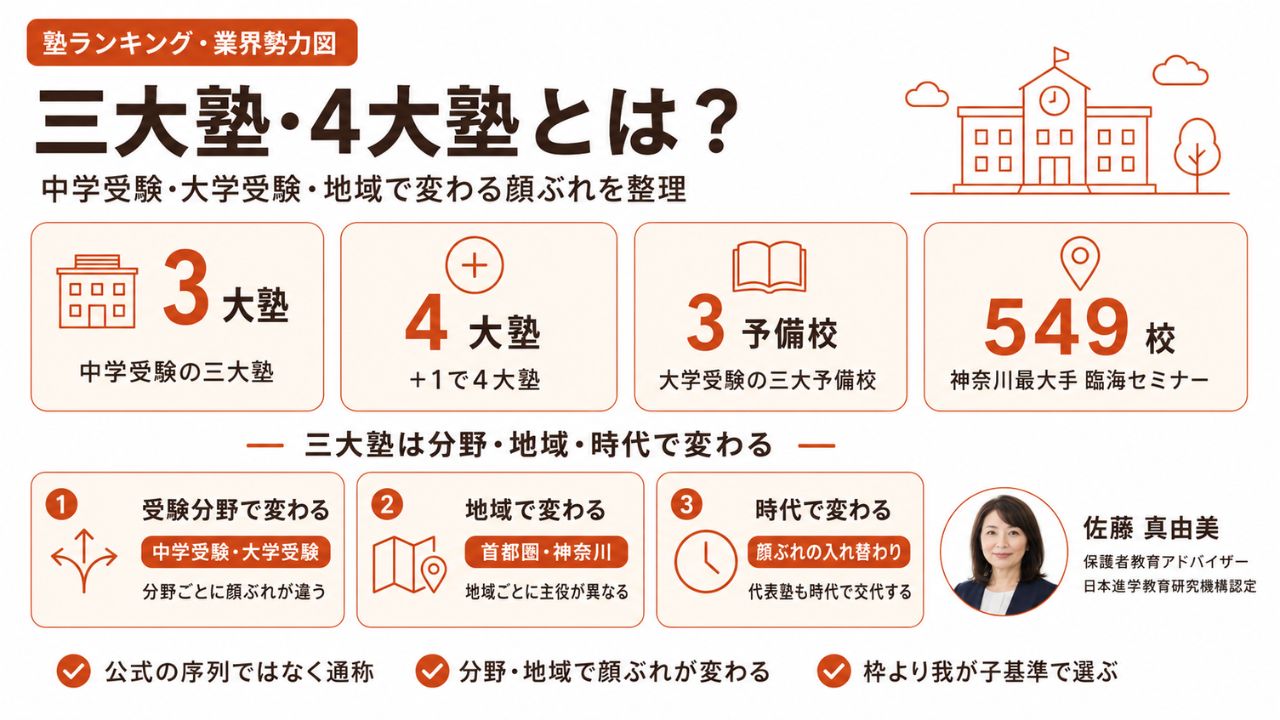 三大塾・4大塾とは何かを受験分野・地域別に整理した解説のインフォグラフィック|中学受験の三大塾・4大塾から神奈川の三大塾までを保護者教育アドバイザー・佐藤 真由美が解説