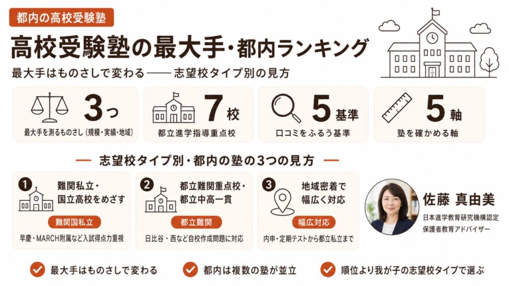 都内の高校受験塾の最大手はどこ？勢力図と3つのものさしを整理した比較インフォグラフィック｜志望校タイプ別の塾の見方を保護者教育アドバイザー・佐藤 真由美が解説