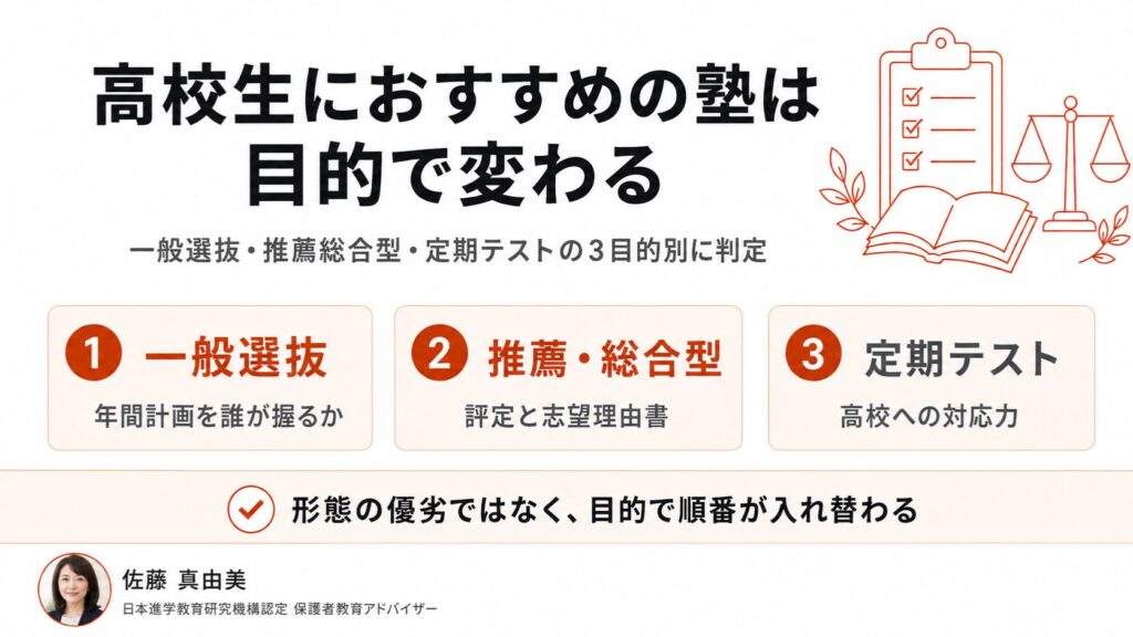 一般選抜・推薦総合型・定期テストの3つの目的別に高校生の塾を選び分ける判定チャートのアイキャッチ画像。保護者教育アドバイザー佐藤 真由美が母親目線で解説