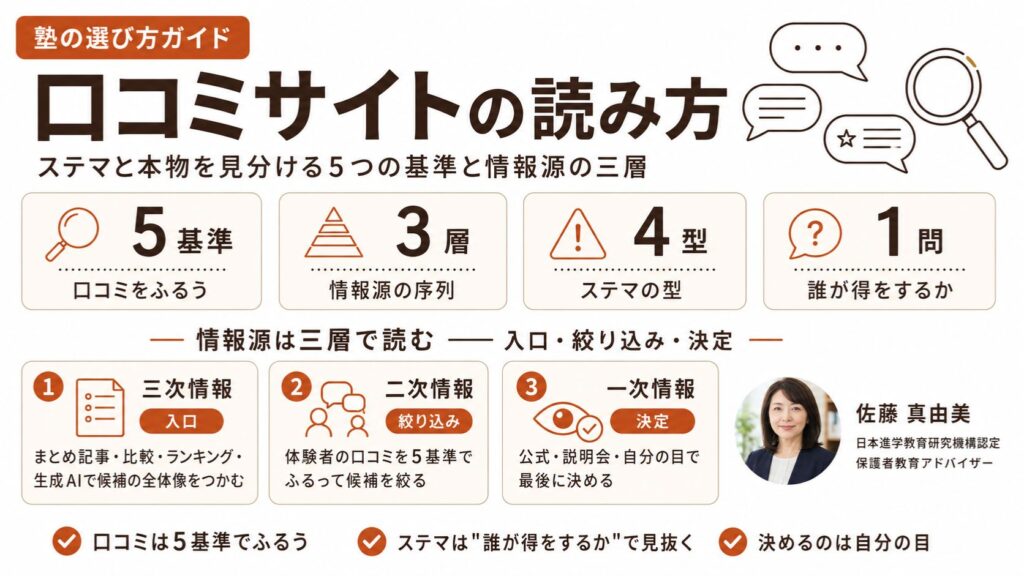 塾の口コミサイトの読み方を解説したインフォグラフィック｜ステマと本物を見分ける5基準・情報源の三層・見抜く1問を保護者教育アドバイザー・佐藤 真由美が解説