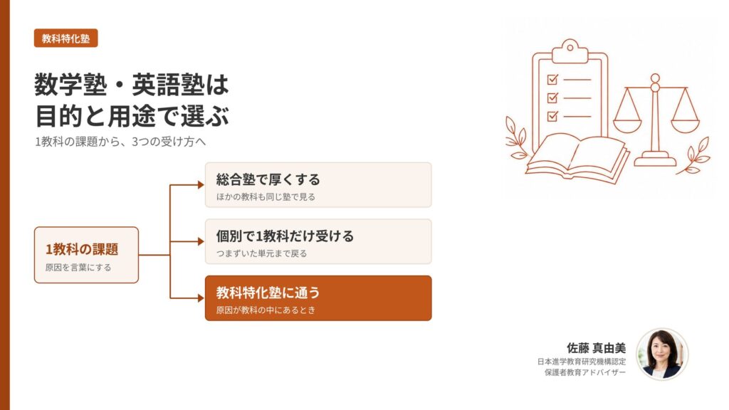 数学塾・英語塾の選び方を示したアイキャッチ。1教科の課題から総合塾・個別で1教科・教科特化塾の3つの受け方へ分かれる分岐図に、保護者教育アドバイザー佐藤 真由美の署名