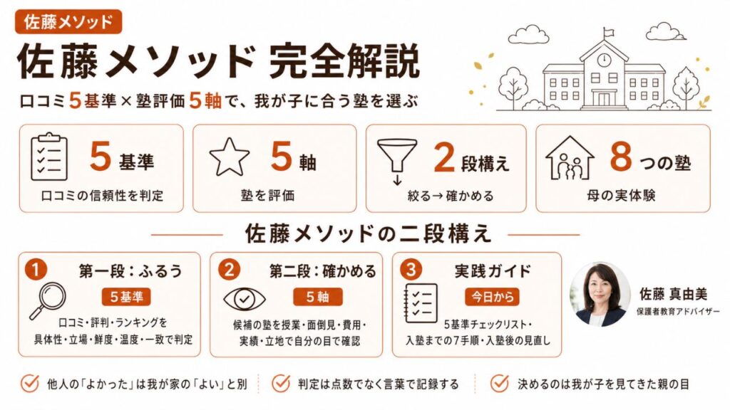 佐藤メソッド完全解説のインフォグラフィック｜口コミ5基準と塾評価5軸の二段構えで我が子に合う塾を選ぶ方法を保護者教育アドバイザー・佐藤 真由美が解説