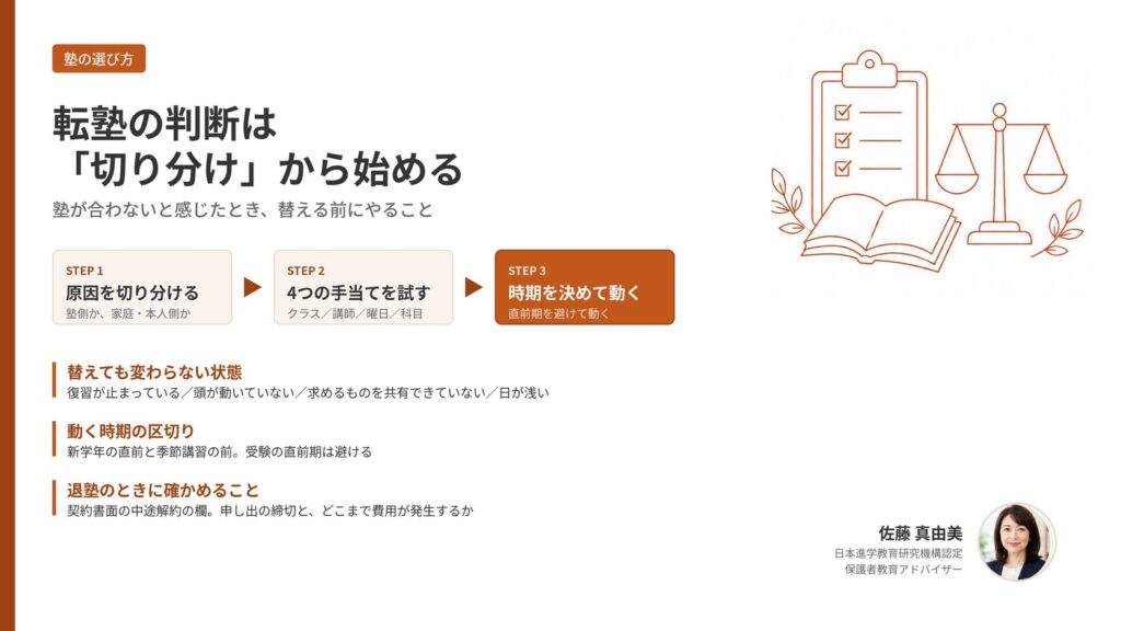 転塾の判断を示す解説画像。原因の切り分けから4つの手当てを経て時期を決めるまでの3ステップと、替えても変わらない状態・動く時期の区切り・退塾時に確かめることを図示。保護者教育アドバイザー 佐藤 真由美による解説